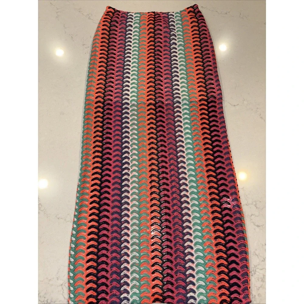 SHEIN Stitch Knit Skirt Women's M Maxi Pull On Sheer Crocheted Chevron Neon Rave